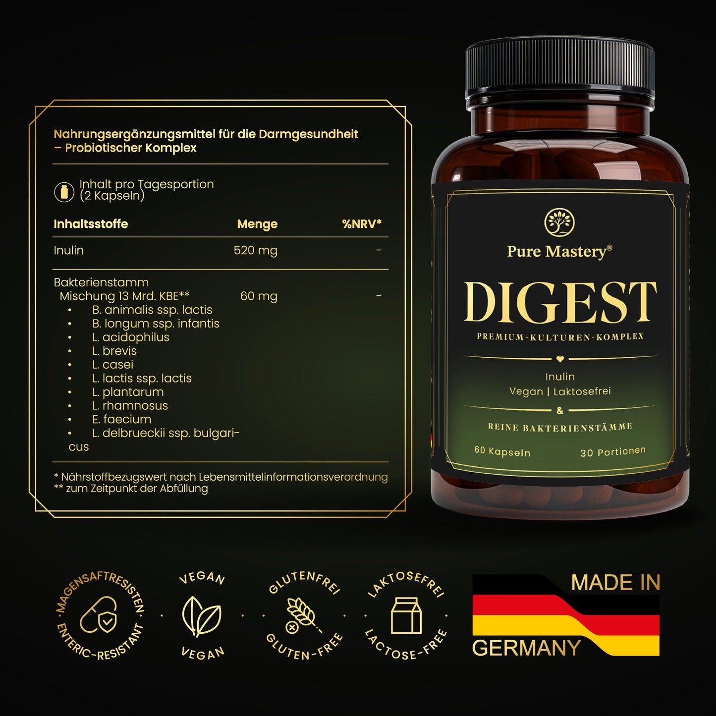 Pure DIGEST Premium - Probiotika Kapseln mit 10 Bakterienstämmen & Inulin für eine gesunde Darmflora | Pure Mastery®