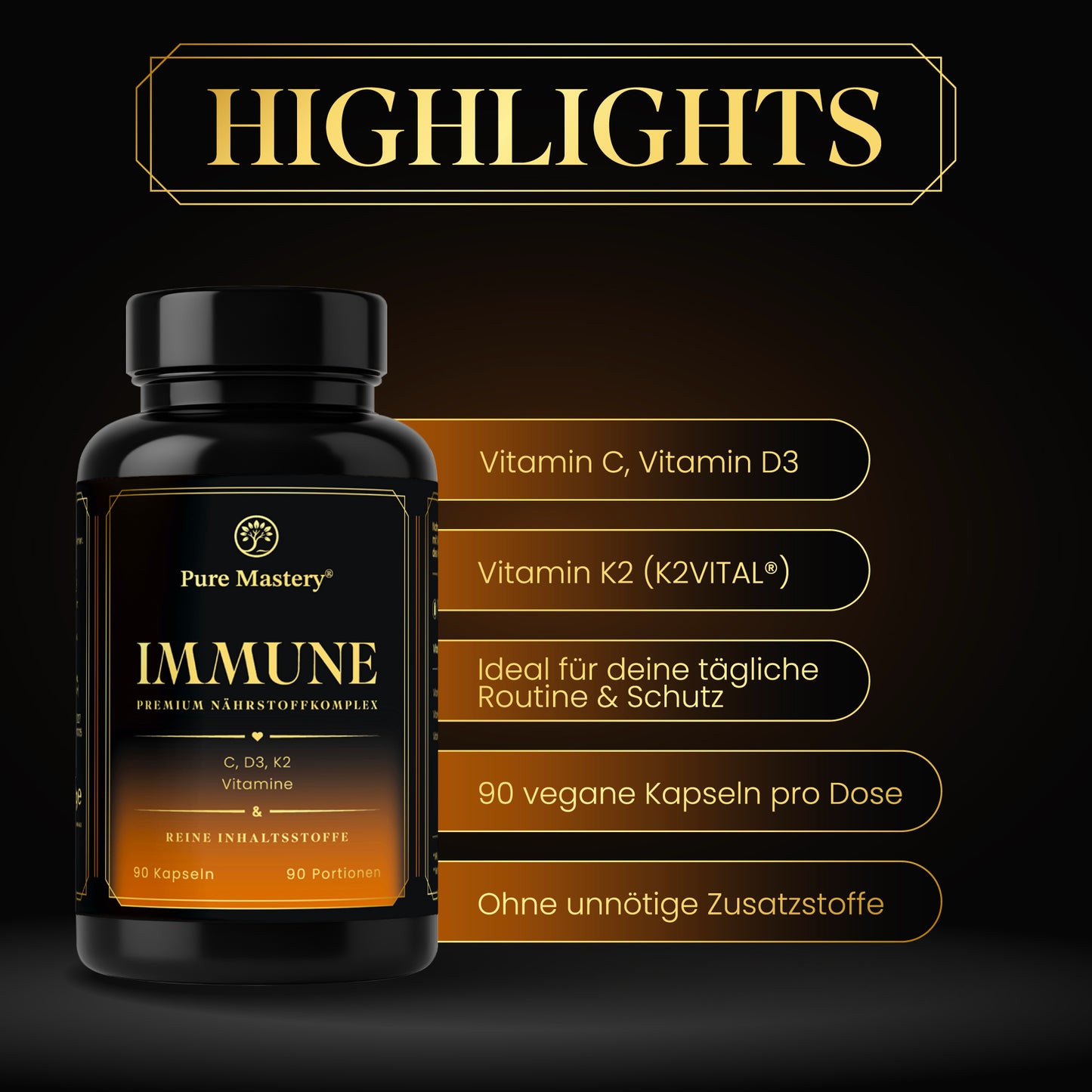 Pure Mastery® Pure IMMUNE Nährstoffkomplex mit Viamin C, D3 und K2 (K2VITAL®)