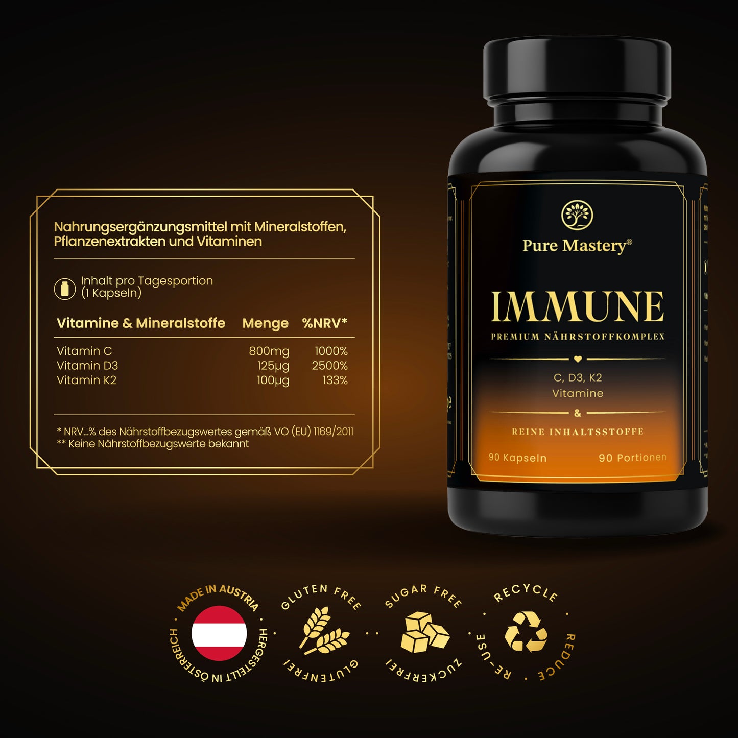 Pure Mastery® Pure IMMUNE Nährstoffkomplex mit Viamin C, D3 und K2 (K2VITAL®)